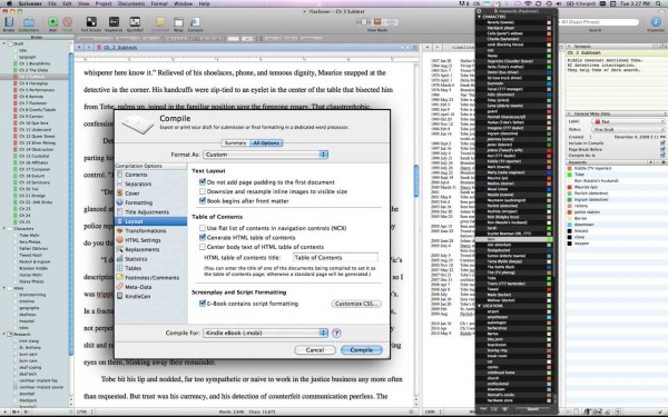 Scrivener interface: chapters, e-book exporter, organizational panes